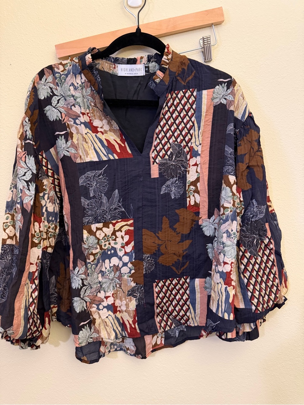 Women's Patchwork top in Navy, Brown & Red